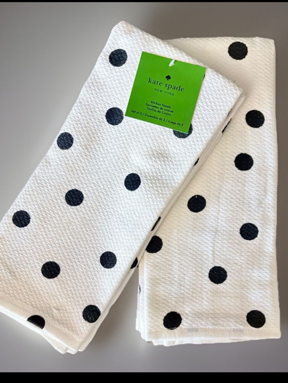 Kate Spade New York Deco Dot Kitchen Towels Set of 2 White Black Polka Dot NWT